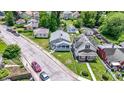 A bird's eye view showcases a quaint neighborhood with mature trees and sidewalks at 3636 Crescent Ave, Indianapolis, IN 46208