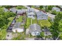 This aerial view shows homes with fenced yards and detached garages in a suburban setting at 3636 Crescent Ave, Indianapolis, IN 46208