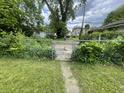 Chain link gate opens to back driveway, providing privacy with mature trees and established foliage at 3636 Crescent Ave, Indianapolis, IN 46208