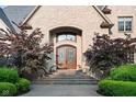 Close-up of the arched front door with decorative glass and stone steps at 11101 Hawthorn Rdg, Fishers, IN 46037