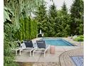 Relaxing pool with lounge chairs, beautiful landscaping, and mature trees to ensure privacy for backyard enjoyment at 6862 Riverside Way, Fishers, IN 46038