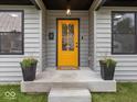 Inviting entryway with a bright yellow door, potted plants, and a cozy welcome mat at 31 Mckenzie St, Shelbyville, IN 46176