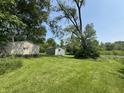 Two small outbuildings or garages are surrounded by overgrown lawn and trees at 5159 E Edgewood Ave, Indianapolis, IN 46237
