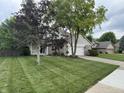 Beautifully landscaped front yard with lush green grass, mature trees, and a charming two-story home at 1378 Runningbrook Dr, Avon, IN 46123