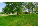 Manicured front lawn with mature trees and a view of the brick ranch house with an attached garage at 1506 Bowman Dr, Greenfield, IN 46140