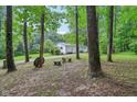 A home's exterior peeks through mature trees, featuring a seating area and lush surrounding landscape at 2640 S Silcox Rd, Paragon, IN 46166