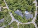 An aerial view showcasing the home's private location, mature trees, and luxurious pool at 9399 Irishmans Run Ln, Zionsville, IN 46077