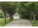 View of the long driveway leading to a two-car garage, framed by mature trees, providing privacy and curb appeal at 19187 Outer Bank Rd, Noblesville, IN 46062