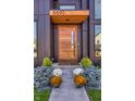 Modern front door with glass insert, address numbers, and decorative plants on stone steps at 8695 Morgan Dr, Fishers, IN 46038