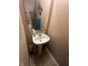 Small half-bath featuring a pedestal sink and decorative accents at 12509 Teacup Way, Indianapolis, IN 46235