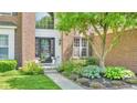 Home entrance featuring stylish black door, sidelights, transom, and curated front yard landscaping at 13304 Landwood Dr, Fishers, IN 46037