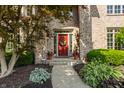 Close-up of the front door with sidelights, potted plants, and stone walkway at 1229 Helford Ln, Carmel, IN 46032