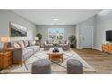 Staged living room with modern furniture, area rug, and large windows for natural light at 9949 Nightsong Ln, Avon, IN 46123