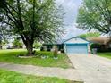 Inviting single Gathering home with well-maintained lawn, stone accents and a blue garage door at 8318 Rob Ln, Indianapolis, IN 46237