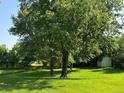 Large grassy backyard featuring mature trees offering shade and a storage shed on the property at 1219 Lansdowne Rd, Indianapolis, IN 46234