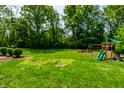 Spacious backyard with a playset, lush green lawn, and mature trees at 3715 Rolling Springs Dr, Carmel, IN 46033