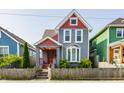 Charming two-story home featuring a colorful exterior, well-maintained lawn, and inviting front porch at 525 Orange St, Indianapolis, IN 46203