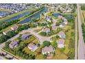 Aerial neighborhood view with pond showcasing community layout, landscaping, and home placement at 14109 Secretariat Ct, Carmel, IN 46074