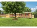 Single-story brick home with well-manicured lawn, mature tree, and inviting yellow door at 230 Love Ave, Greenwood, IN 46142