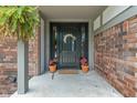 Inviting front entrance features a modern black door, potted plants, and brick facade at 4155 Rolling Trails Rd, Greenwood, IN 46142
