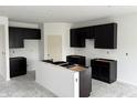 Modern kitchen with sleek black cabinets and a white island, ready for customization and appliances at 9125 Steinbeck Ln, Indianapolis, IN 46239