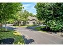 Long paved driveway winding through lush greenery up to a large stone home at 11557 Willow Springs Dr, Zionsville, IN 46077