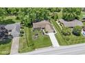 Aerial view of a well-maintained home with lush landscaping, a long driveway, and a two-car garage at 272 N Peterman Rd, Greenwood, IN 46142