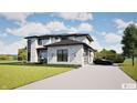Stylish modern home features a stone exterior, a paved driveway, and lush landscaping at 3925 Besbie Way, Bargersville, IN 46106