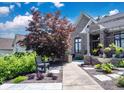 Stunning home with a gorgeous red tree, water fountain, and landscaped front yard at 10707 Burning Ridge Ln, Fishers, IN 46037