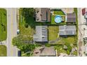 Overhead view revealing pool amidst houses and tree-lined streets in a residential area at 4648 Brookville Rd, Indianapolis, IN 46201