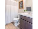 Neutral toned bathroom featuring a shower with curtain, a single sink vanity, and framed art at 6737 Trey Dr, Camby, IN 46113