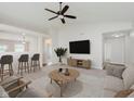 Bright living room featuring vaulted ceilings, modern decor, and an open layout, perfect for entertaining guests at 12121 Driftstone Dr, Fishers, IN 46037