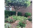 Close up of the colorful garden featuring rocks, red flowers and lush greenery next to brick wall at 1273 Helford Ln, Carmel, IN 46032