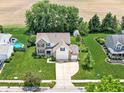 Expansive aerial view of a landscaped property with a pool, lush lawn, and mature trees at 360 Myers Lake Dr, Noblesville, IN 46062