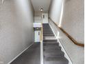 Clean, well-lit carpeted staircase in a building with neutral decor and updated lighting fixtures at 246 Legends Creek Way # Apt 207, Indianapolis, IN 46229