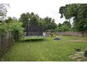 Large backyard featuring a trampoline, swing set, and ample green space for outdoor activities at 2638 S Mcclure St, Indianapolis, IN 46241