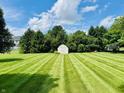 Spacious backyard with a white garden shed, manicured lawn, and lush green trees at 3418 S Rosewind Dr, New Palestine, IN 46163