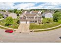 Aerial shot of a charming two-story home with a two-car garage, landscaped yard, and inviting curb appeal at 7047 Lancaster Ln, Avon, IN 46123