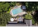 Aerial view of a stunning pool and deck area, surrounded by lush greenery at 14027 Waterway Blvd, Fishers, IN 46040
