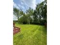 Large backyard featuring well-maintained lawn and mature trees, offering privacy and space for outdoor activities at 6611 Wandering Way, Indianapolis, IN 46241