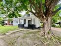 A mature tree compliments this cozy home featuring white siding and freshly painted trim at 405 N Bradley Ave, Indianapolis, IN 46201