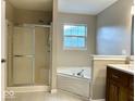 Bathroom featuring a shower, tub, vanity, and window that offers natural light at 11154 Schoolhouse Rd, Fishers, IN 46037