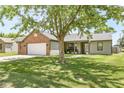 Single-story home featuring a brick accent, well-kept lawn, and mature tree shading the front at 6102 Boulder Dr, Anderson, IN 46013