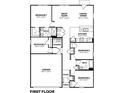 Layout of the first floor showing the location of the garage, bedrooms, and living spaces at 1364 Aster Dr, Shelbyville, IN 46176
