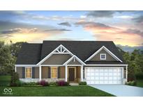Charming single-story home with attractive architectural detailing, two-car garage, and landscaped front yard at 238 Chadford Ct, Indianapolis, IN 46229