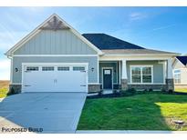 Proposed build of charming one-story home with light blue siding, white trim, and a two-car garage at 1684 Linden Ln, Greenfield, IN 46140