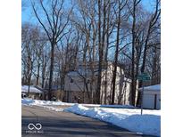Two-story house with beige siding, stone accents, and snow-covered landscaping at 941 Sleepy Hollow Pl, Greenwood, IN 46142
