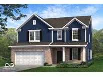 Two-story home with brick and blue siding, white garage door, and landscaping at 222 Ambassador Dr, Pittsboro, IN 46167