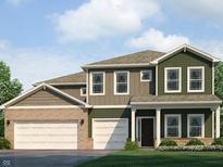 Two-story green house with white garage doors and landscaping at 1539 Trichel Dr, Greenwood, IN 46143