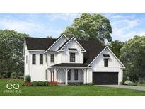 Two story farmhouse style home with white siding, black roof and a spacious front yard at 6752 W Buck Stone Dr, McCordsville, IN 46055